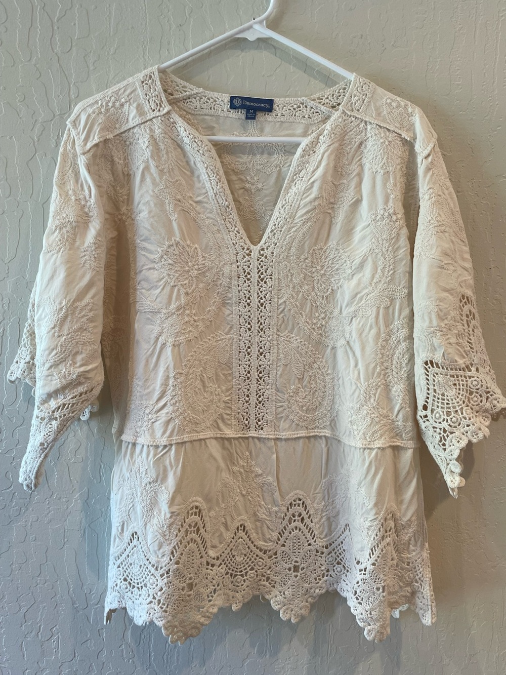 Democracy Cream Crochet Lace Peasant Tunic Top